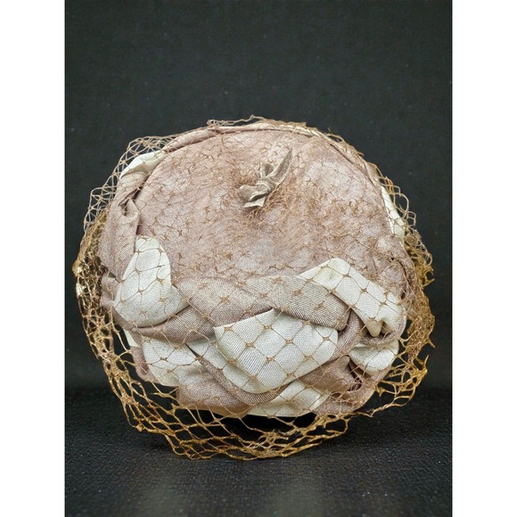Vintage Women's Saucy Net Fascinator Hat with Fabric Roses Taupe Beige - Picture 7 of 10